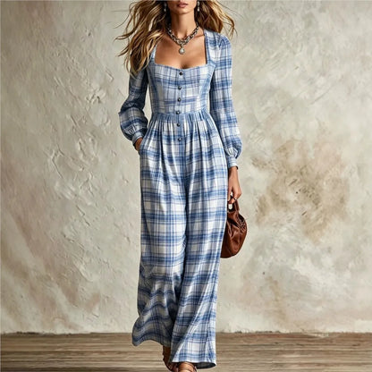 Women's Fashion Square Neck Retro Plaid Long Sleeve Jumpsuit Autumn New Waist Single Breasted Pocket Wide Leg Female Rompers2026