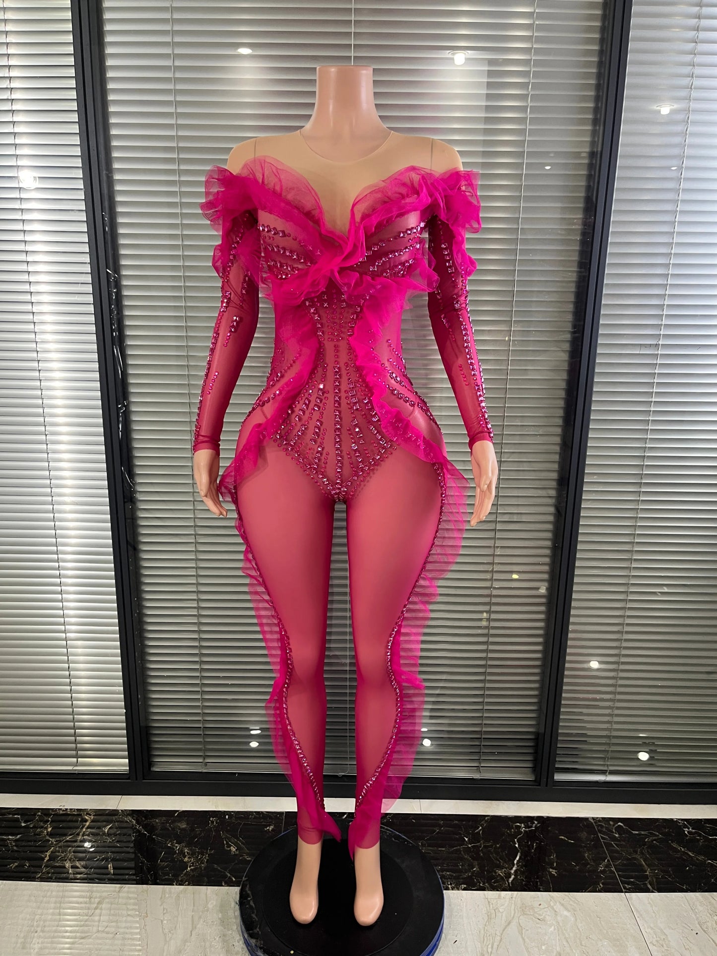 Luxury Rhinestone Mesh Bodysuit Ruffle Frill and Asymmetrical Design Formal Events Photoshoots Stage Performance Party Outfit
