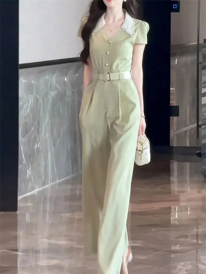 Long Women's Rompers Lazy Style Slimming Short Sleeved Jumpsuit For Women 2024 Summer New Fashion French V-neck Versatile trend