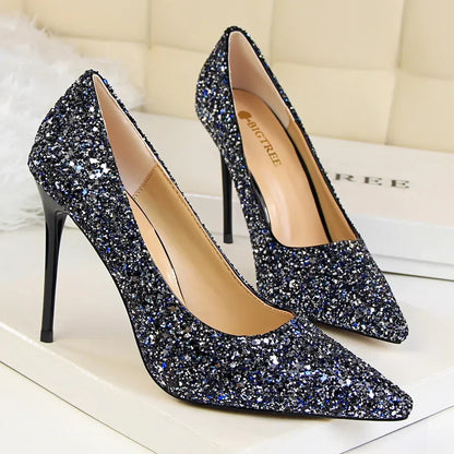 Women Luxury Bling Red  Blue Valentine Party Scarpins Pumps Lady Glitter Sequins 7cm 9.5cm High Heels Designer Shoes Plus Size