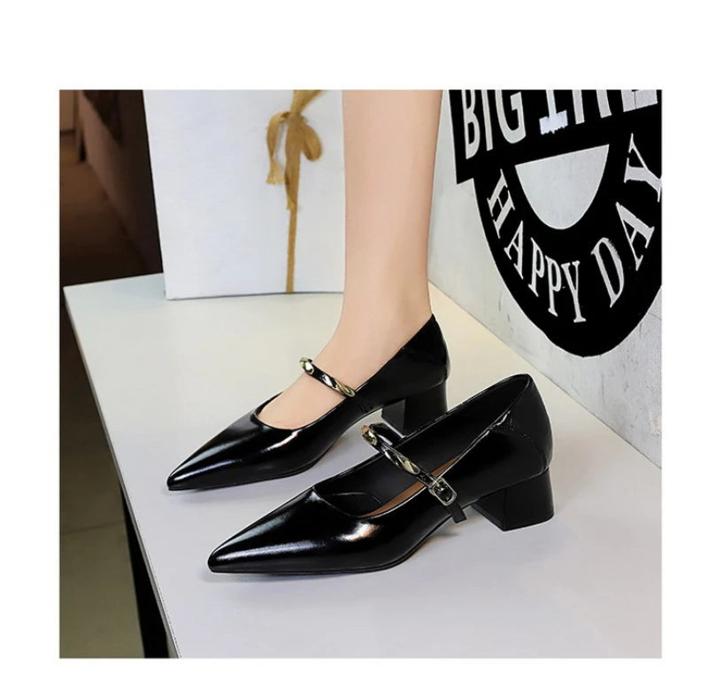 Women Korean Vintage Soft Split Cow Leather Pointed Pumps Simple Single Metal Buckle Strap Mid Chunky Heel Comfort Office Daily