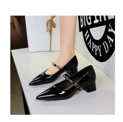 Women Korean Vintage Soft Split Cow Leather Pointed Pumps Simple Single Metal Buckle Strap Mid Chunky Heel Comfort Office Daily