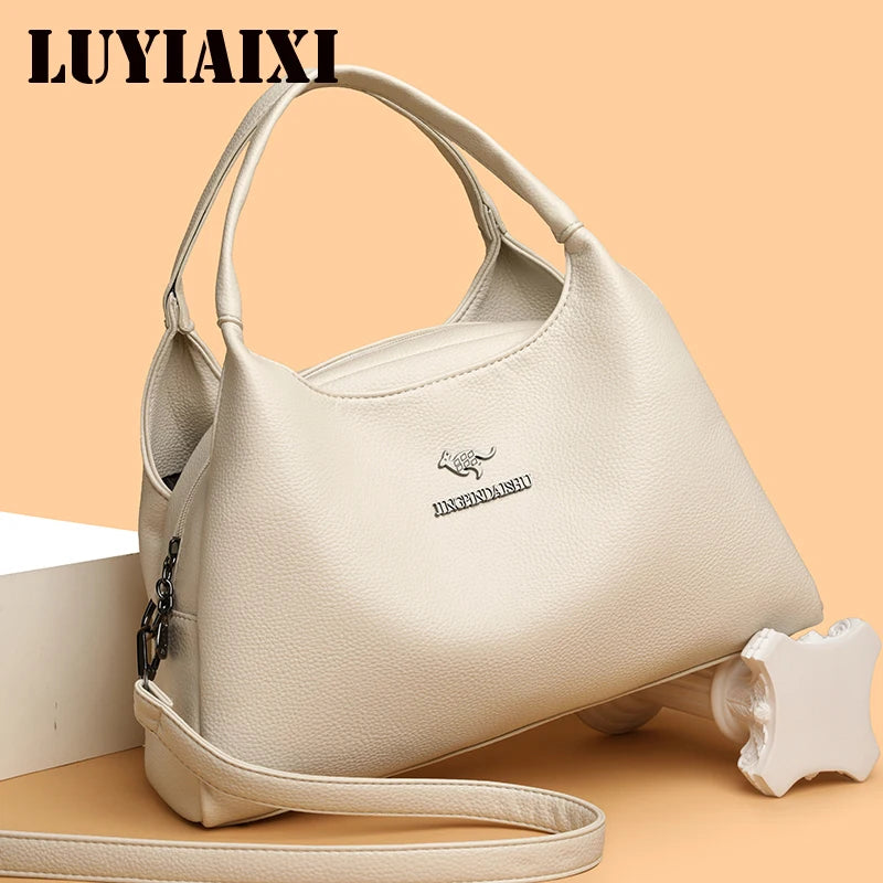 New Ladies Soft Leather Handbag Large Capacity Single Shoulder Bag Retro Solid Color Mom Bolsa Luxury Cross-Border Style Bags