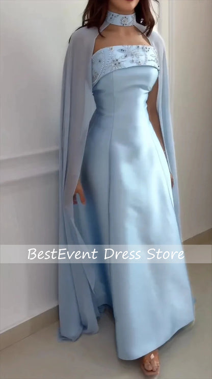 Customized Boat Collar Blue Beading A-line Strapless Floor Length Dresses Bespoke Occasion Bridal Dresses Exquisite High Quality