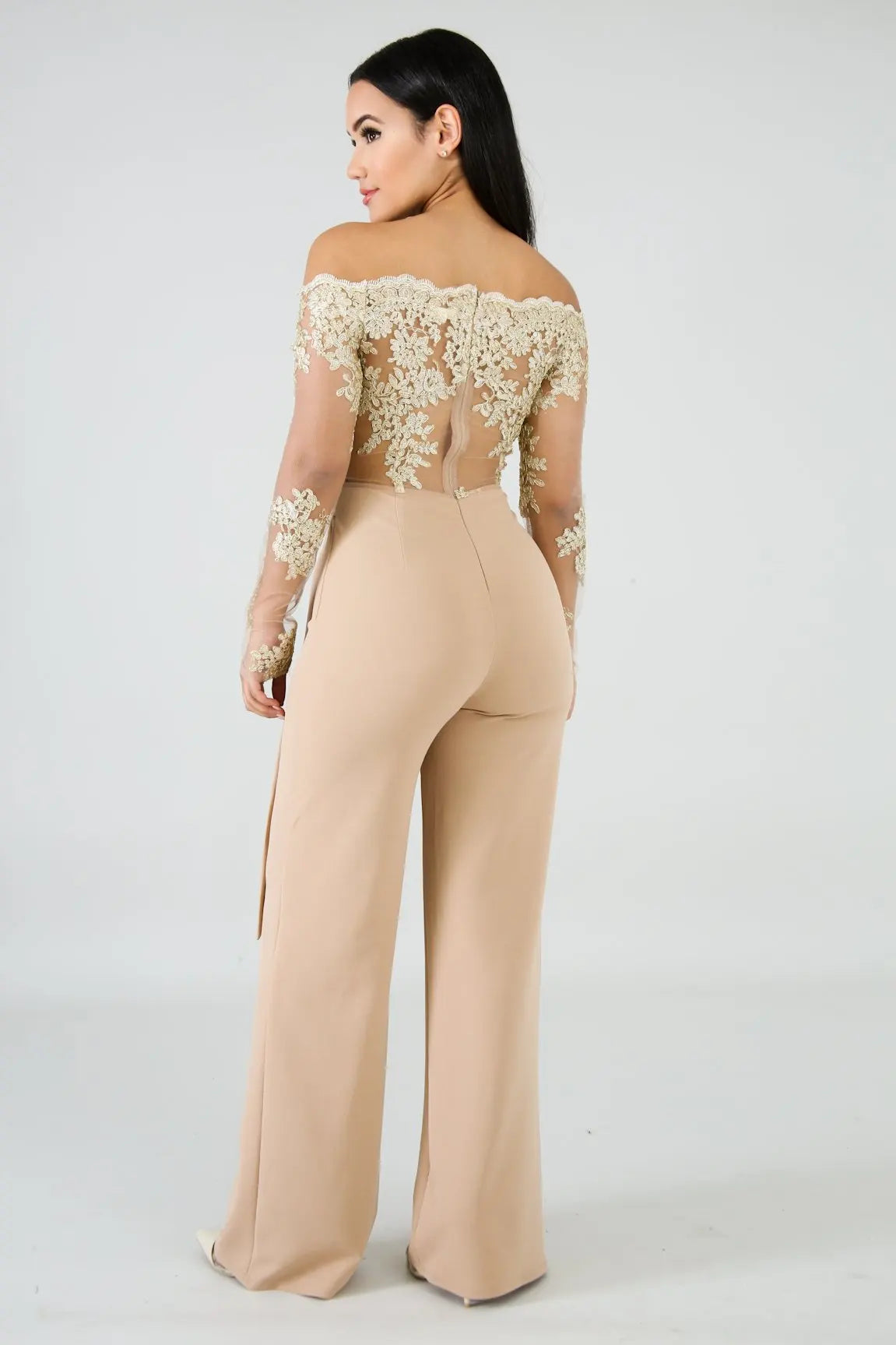 Womens Elegant Off Shoulder Long Pants Wide Leg Jumpsuits Floral Embroidery Lace See Through Cocktail Club Party Evening Rompers
