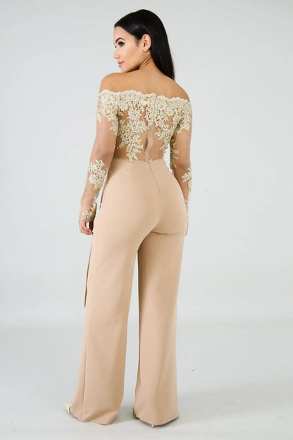 Womens Elegant Off Shoulder Long Pants Wide Leg Jumpsuits Floral Embroidery Lace See Through Cocktail Club Party Evening Rompers