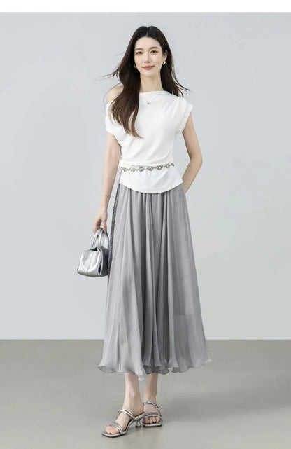 SENTUBILA Women's Summer Skirt 2026 Elegant Elastic Waist Sheen Flowy A Line Long Skirt for Woman Ladies Clothes 162QG4909