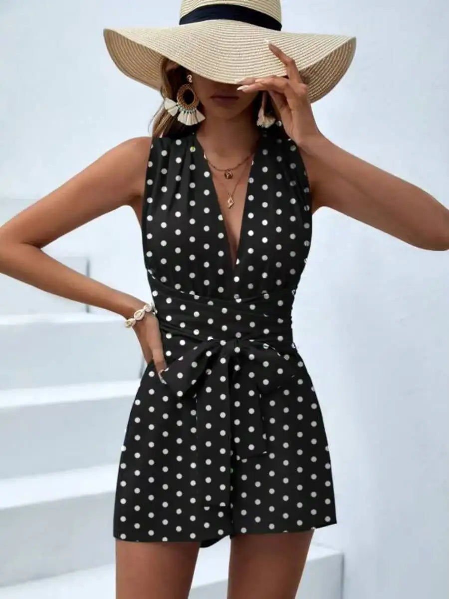 Women Halter Sleeveless Deep V Belted Polka Dot Fitted Romper Boho Spring Summer Vacation Beach Lightweight Breathable Romper