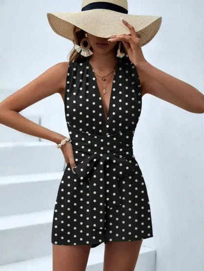 Women Halter Sleeveless Deep V Belted Polka Dot Fitted Romper Boho Spring Summer Vacation Beach Lightweight Breathable Romper