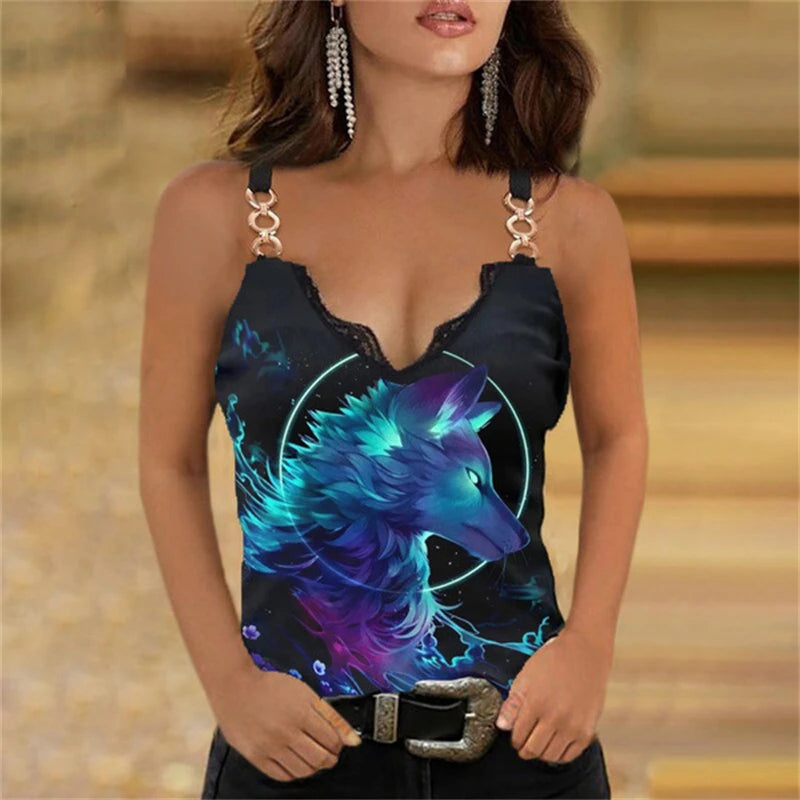 2023 Summer Clothes Women's Fashion Lace Sleeveless V-neck Wolf Print Casual Vest Tank Animal Print Top