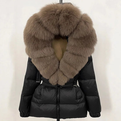 Hot Sale Women Luxury Black Down Jacket Waist‑Cinched Design High‑End Elegant Real Big Fox Fur Hooded Collar Winter Outerwear