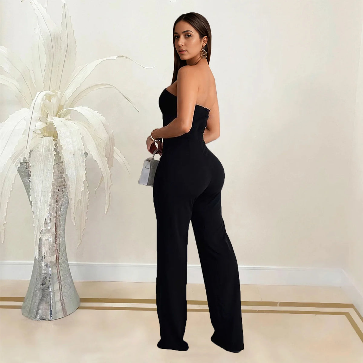 Sexy Backless Strapless Jumpsuit Summer Women Fashion Solid Button Sleeveless Slim Fit Wrap Hip Jumpsuits Elegant Office Romper