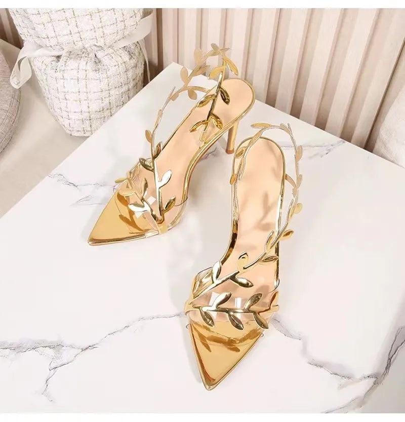 2026 Summer Fashion Patent Leather Gold Leaf Women Sandals Elegant Pointed Toe Thin High Heels Gladiator Sandalias Party Shoes