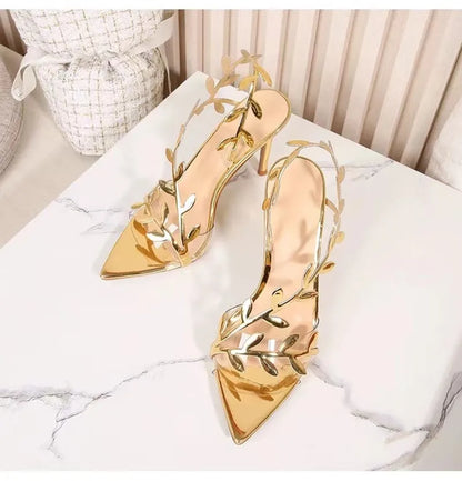 2026 Summer Fashion Patent Leather Gold Leaf Women Sandals Elegant Pointed Toe Thin High Heels Gladiator Sandalias Party Shoes