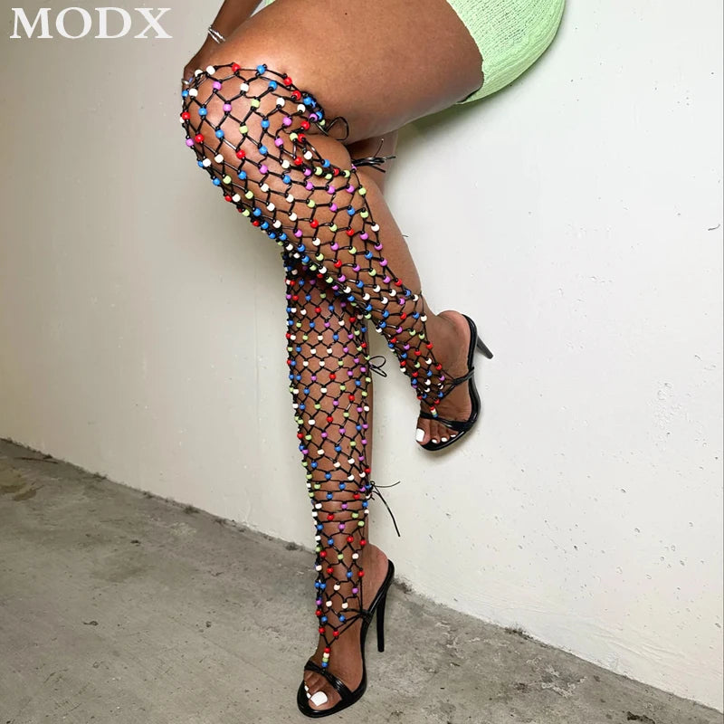 Colourful Beaded Straps Sexy Gladiator Over The Knee Boots 2024 Summer New Open Toe Stiletto Slingback  Nightclubs Sandals Boots