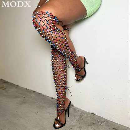 Colourful Beaded Straps Sexy Gladiator Over The Knee Boots 2024 Summer New Open Toe Stiletto Slingback  Nightclubs Sandals Boots