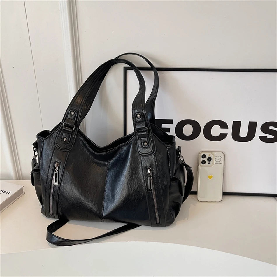 New Large Capacity Soft Leather Women's Handbag Fashion Trend Designer Women Shoulder Bag Simple Retro Female Travel Bags Sac