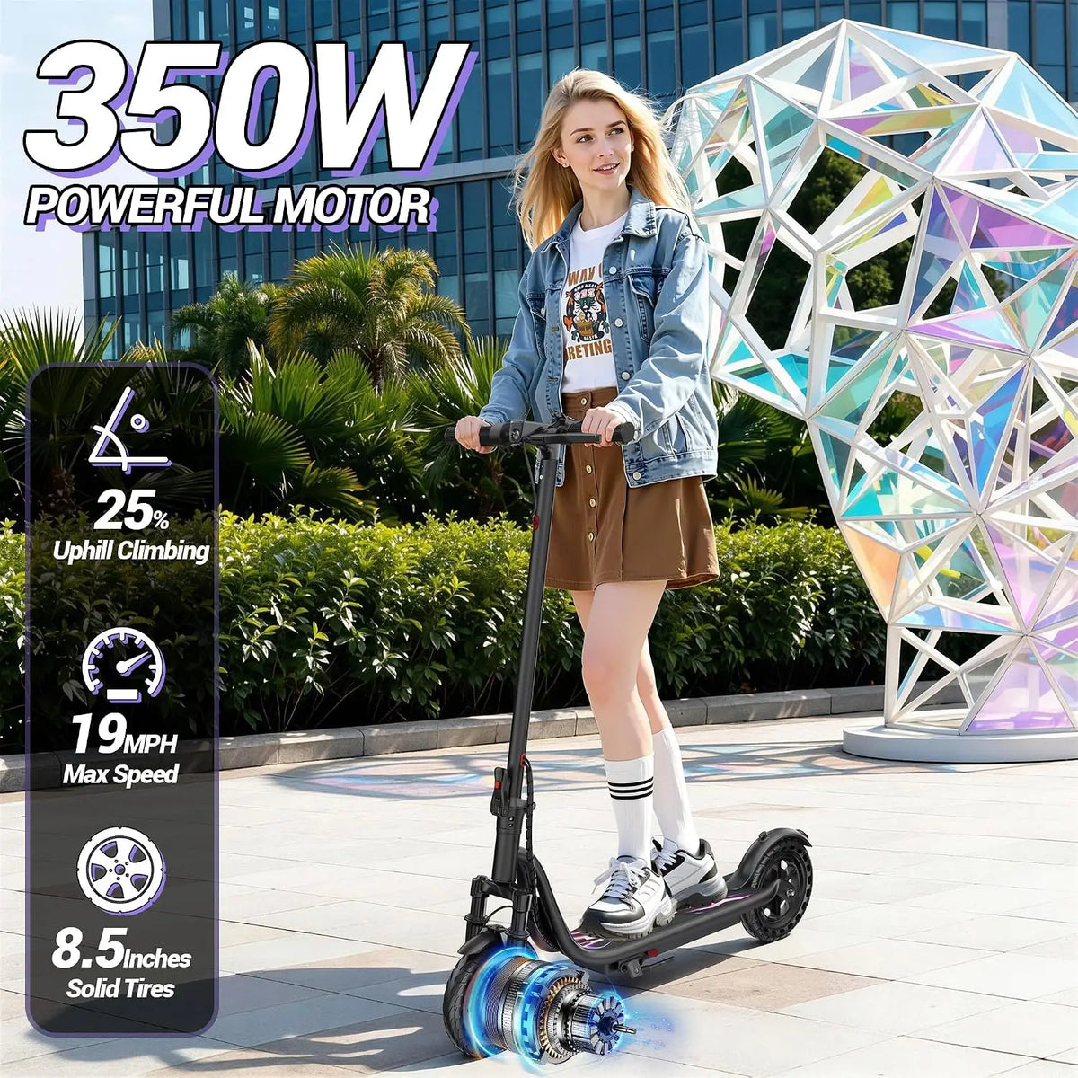 8.5''Solid Electric Scooter, 350W Powerful Motor & 19MPH Top Speed, 21 Miles Range, Folding E Scooter with Front Suspension for Teens and Adults