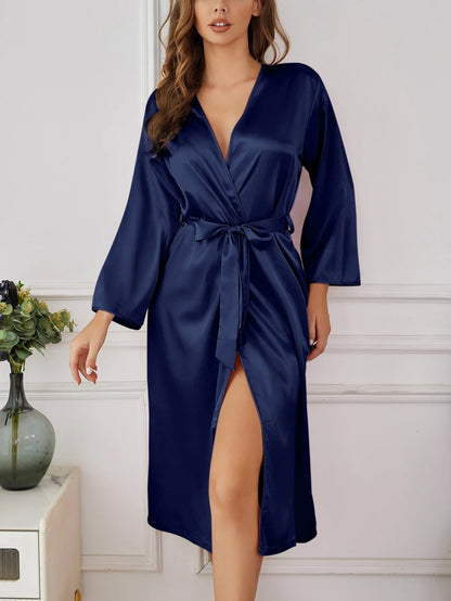 Women's Satin Robe Belted Elegant Solid Color Silky Comfort Bathrobe Loungewear