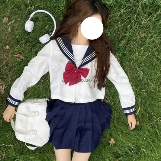 Anime Japanese School Uniform Cute Girls Jk Suit Navy Collar Three-piece Suit Campus Sailor Suit Bow Short Sleeves Suit Uniform