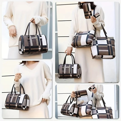 6 Pcs Women Plaid Handbag Set Fashion Checkered PU Leather Tote Shoulder Crossbody Bag Ladies Clutch Purse Card Coin Wallet Multi-piece Bag Set For Daily Shopping Party