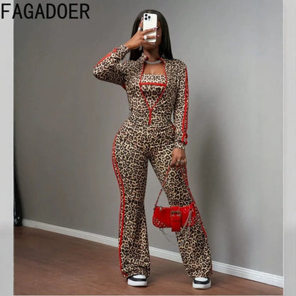 FAGADOER Women Leopard Print 3 Piece Outfit Tube Top Long Sleeve Zip Jacket High Waist Pants Sexy Y2K Clubwear Streetwear Set