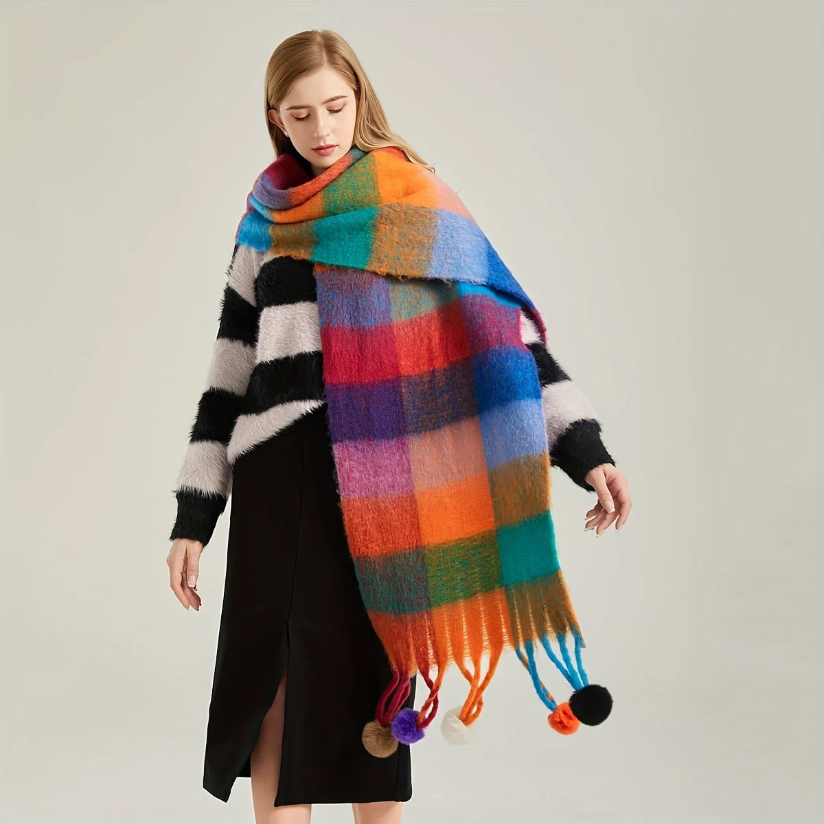 Winter Scarf Women Luxury Autumn Winter Cashmere Scarf Thickened Warm Shawl Classic Tassels Fluffy Scarf Plaid Color Soft Shawl