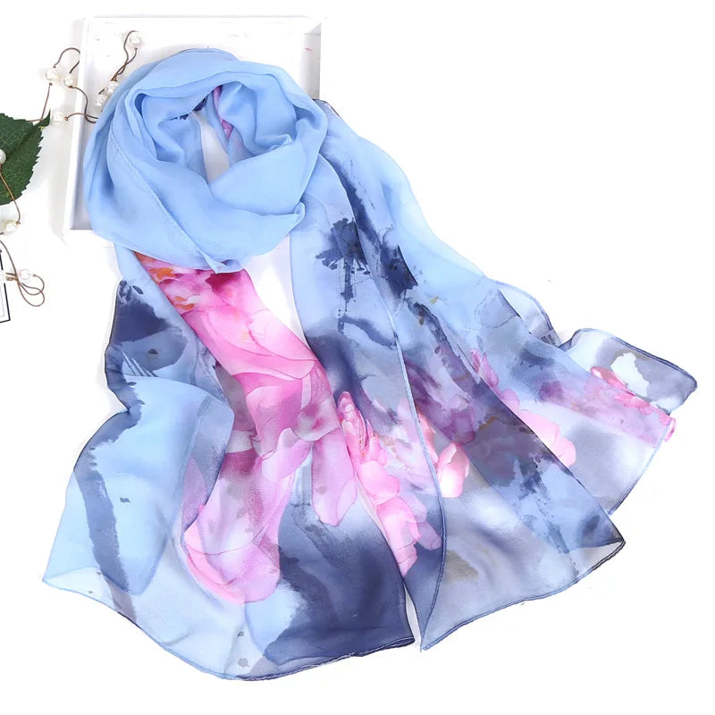 Ink Painting Lotus Summer Beach Sun Protection Chiffon Georgette Scarf Women Foulard Shawl Bandana Elegant Thin Breathable