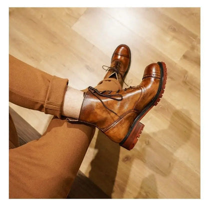 Fashion Cow Genuine Leather Motorcycle Boots Brogue Shoes Retro High Big Head Men's Mid-calf Chelsea Boots For Men Brown