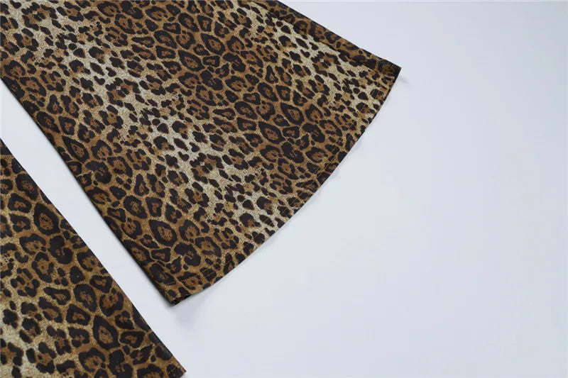 Shestyle Leopard Mesh Sexy Women Two Piece Sets Spaghetti Strap Bodysuit Flare Pants Sheer Brown Sexy Clubwear Waistless Outfit