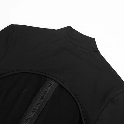 2026 Autumn Women Solid Backless Skinny Playsuits Fashion Zip-up Stand Collar Full Sleeve Ruched Peach Hip Slim Rompers Clubwear