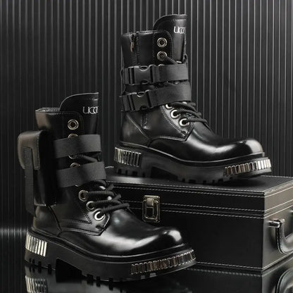 2025 White Men's High-Top Winter Velvet Warm British Medium Motorcycle Thick-Soled Boots