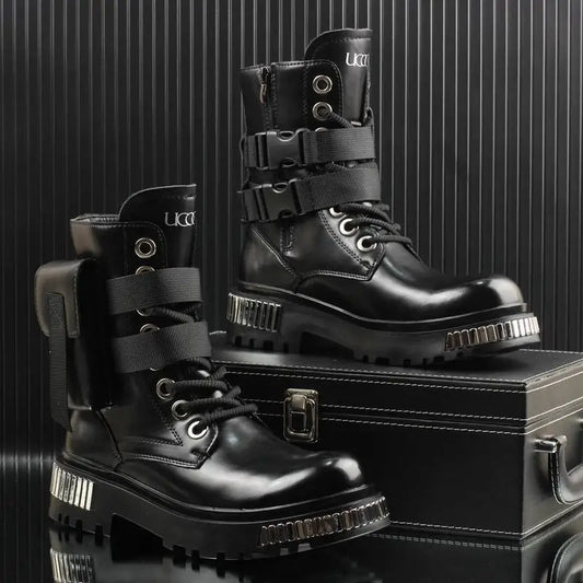 2025 White Men's High-Top Winter Velvet Warm British Medium Motorcycle Thick-Soled Boots