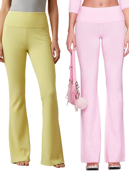 Combhasaki Women's Y2l Knitted Flared Long Pants Slim Fit Solid Color Fold Over Waist Elastic Low Rise Back Bow Decor Trousers