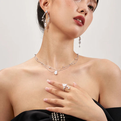 Luxury Sterling Silver Double-Deck Water Droplet Shape Women Choker AAA Zircon Chain Necklace Fine Jewelry Wedding Party Gift