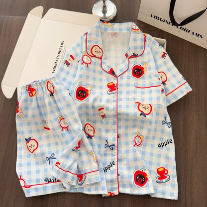 Women Summer Lapel Open Front Pajama Set Short Sleeve Top Shorts, Sweet Ins Teen Loungewear, Casual Daily Outdoor Home Wear Suit