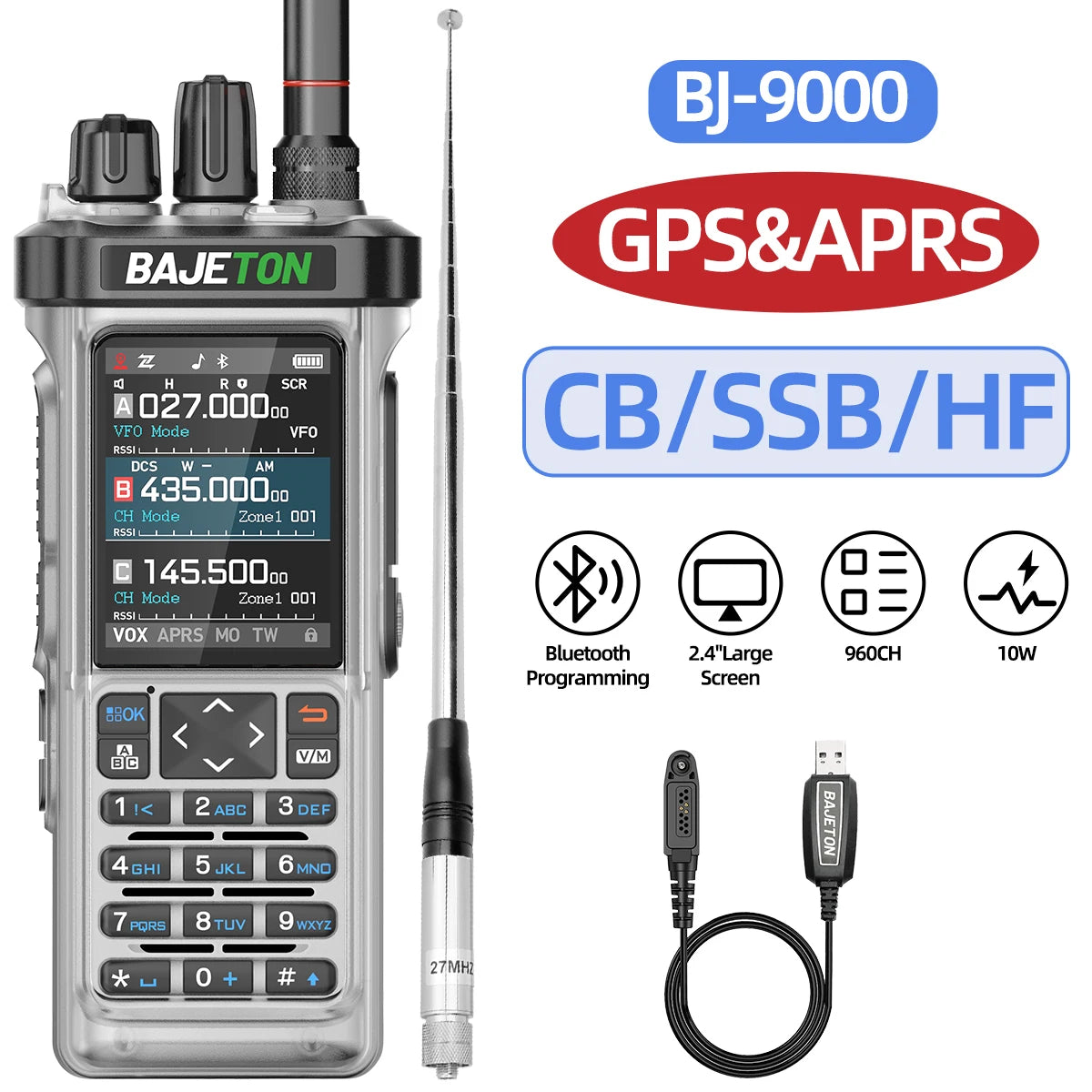 BAJETON BJ-9000 GPS APRS Walkie Talkie 10W CB/SSB/HF 27MHZ Long Range NOAA ShortWave For RT-950PRO RT-950 Ham Two Way Radio