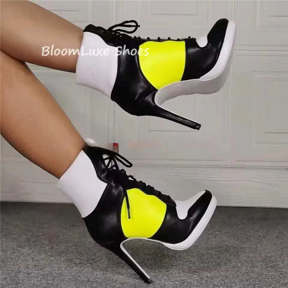 Round Toe Sports Lace Up Women's Short Boots 2026 Thick Sole Mixed Color Stilettos Autumn Winter New Street Style Casual Rock Bo