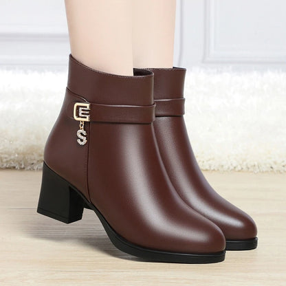 High-Heeled Leather Shoes Spring Single Shoes Thick Heel Thick Sole Slip-On Women's Shoes Square Toe Middle-Aged Mother's Shoes
