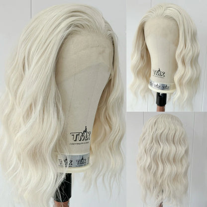 Short 60 Blonde Curly Wavy Synthetic Lace Front Bob Wigs for Women Pre Plucked Hairline Platinum White Deep Wave Daily Party Use