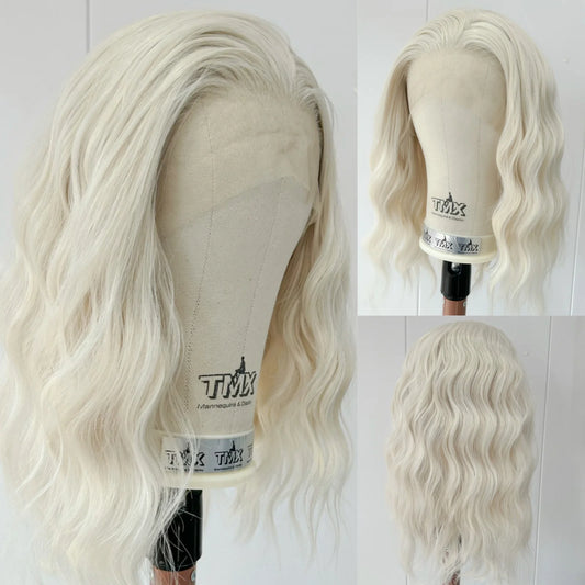 Short 60 Blonde Curly Wavy Synthetic Lace Front Bob Wigs for Women Pre Plucked Hairline Platinum White Deep Wave Daily Party Use
