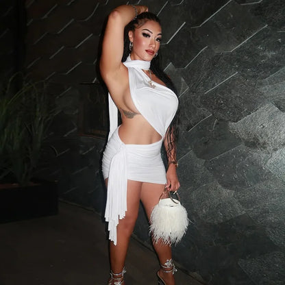 ANJAMANOR Asymmetrical Tassel Halter Backless Mini Dresses White Red Sexy Club Outfits for Woman Birthday Dinner Dress D17-CC20