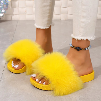 Fashion Fox Fur Slides Women Luxury Designer Summer Sandals Ladies Furry Lazy Slippers Fluffy Flip Flops Shoes Plus Size Shoes