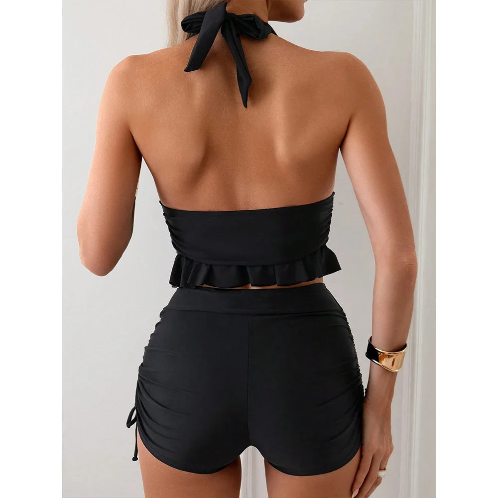 Two Piece Halter Tankini Women Deep V Neck Ruffle Hem Top Drawstring Side Shorts Swimwear