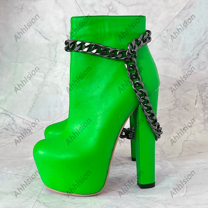 Ahhlsion New Women Winter Ankle Boots Platform Chunky Heels Chain Round Toe Pretty Blue Party Shoes Ladies US Plus Size 5-20