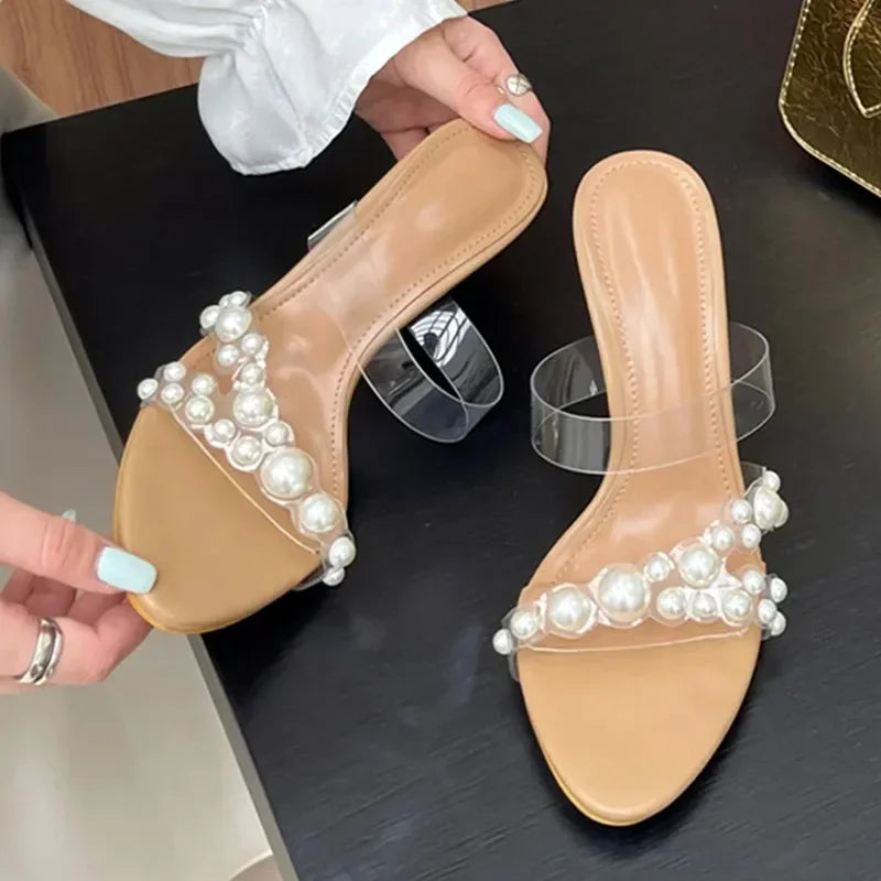 Luxury Brand Design String Bead PVC Transparent Slippers Women Summer High Heels Sandalias Fashion Open Toe Party Slide Sandals