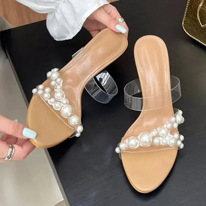 Luxury Brand Design String Bead PVC Transparent Slippers Women Summer High Heels Sandalias Fashion Open Toe Party Slide Sandals