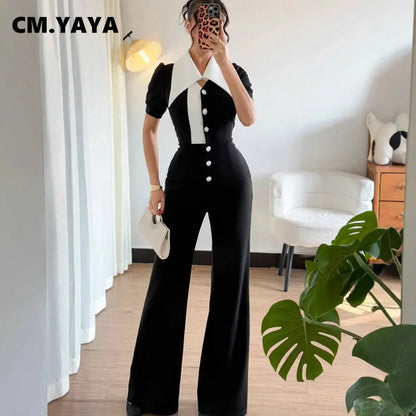 CM.YAYA Fashion Women Puff Short Sleeve Patchwork Bowknot Button Fly Wide Leg Jumpsuits Street Outfits One Piece Suit Rompers
