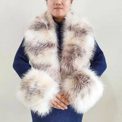 Large Women Faux Fox Fur Scarf Winter Jackets Warm Fluffy Shawl Fashion Artificial Fur Collar And Cuff Set Fluffy Scarves Female