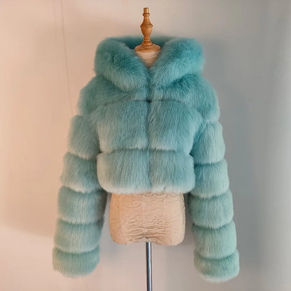 2026 Women Winter Plus Size Faux Fur Croped Coat Female Furry Hooded Long Sleeve Plush Jacket Lady Fake Fur Warm Fluffy Cardigan